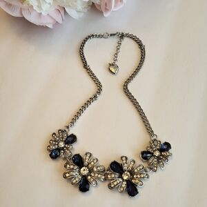 Betsey Johnson Necklace Sapphire Blue Crystal Flower Burst Statement Jewelry 16"